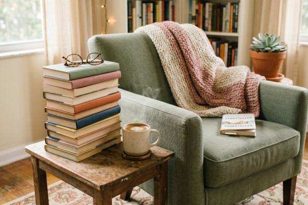 Cozy reading nook with a tall stack of books, reading glasses, coffee, and a knit blanket