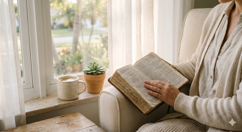 Woman reading Bible by a window with tea and a succulent in soft morning light