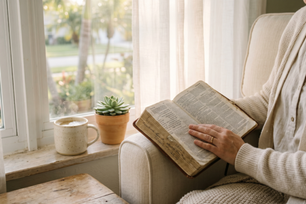 Woman reading Bible by a window with tea and a succulent in soft morning light