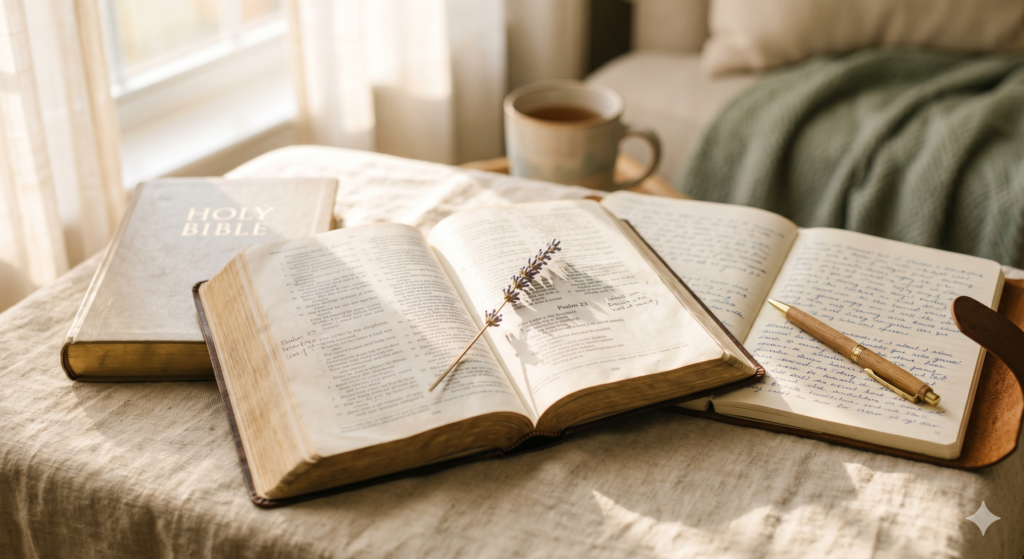 Open Bible with lavender sprig and prayer journal in warm morning light