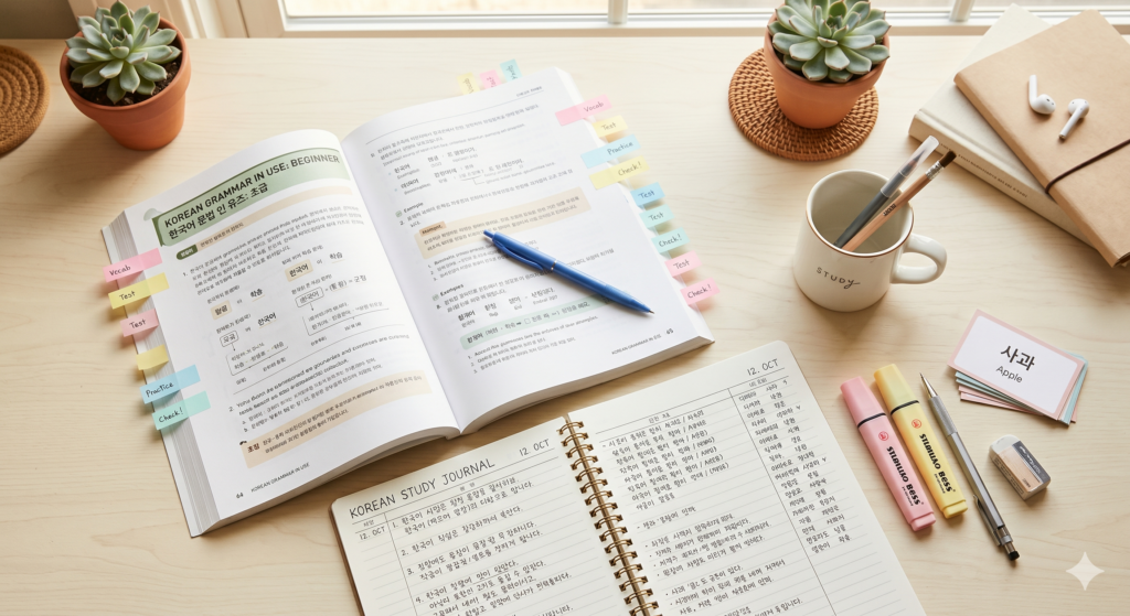 Korean grammar textbook with colorful tabs, study journal, and highlighters on a desk
