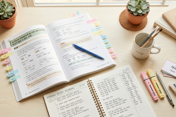 Korean grammar textbook with colorful tabs, study journal, and highlighters on a desk