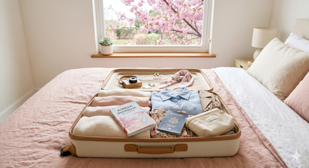 Neatly packed suitcase with Korean guidebook, passport, and clothes with cherry blossoms outside