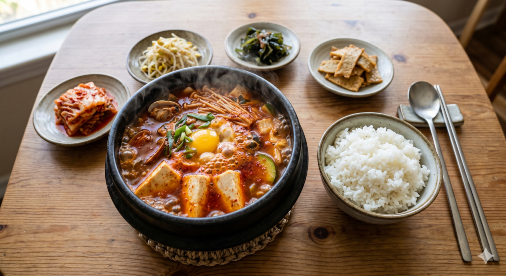 Bubbling Korean sundubu jjigae tofu stew with rice and banchan