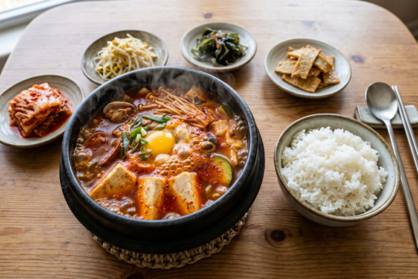 Bubbling Korean sundubu jjigae tofu stew with rice and banchan