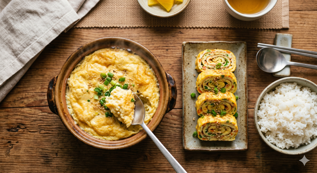 Korean steamed egg gyeranjjim and sliced gyeran mari egg roll with rice