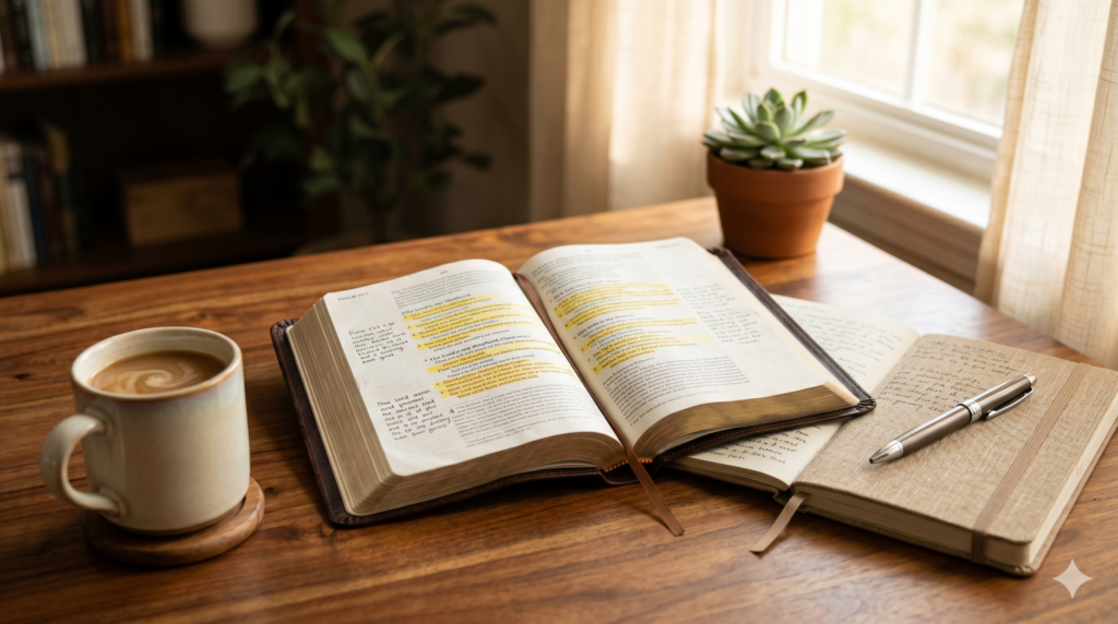 Open Bible with yellow highlighted passages on a wooden table next to a journal with handwritten notes, a pen, a cup of coffee, and a small succulent by a sunlit window