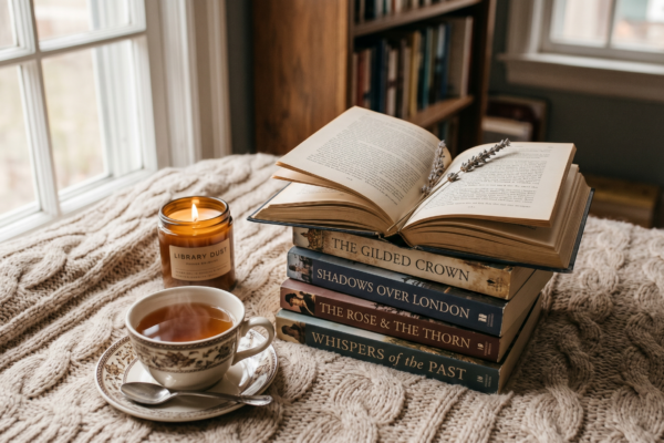 Cozy reading scene with stacked historical fiction paperbacks, lavender bookmark, lit candle, and cup of tea on a cable-knit blanket by a window