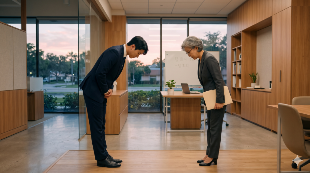 A younger man bowing deeply and an older woman bowing slightly in a modern Korean office, demonstrating the hierarchy of polite speech and honorifics in Korean culture