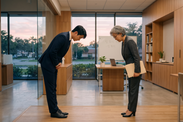 A younger man bowing deeply and an older woman bowing slightly in a modern Korean office, demonstrating the hierarchy of polite speech and honorifics in Korean culture