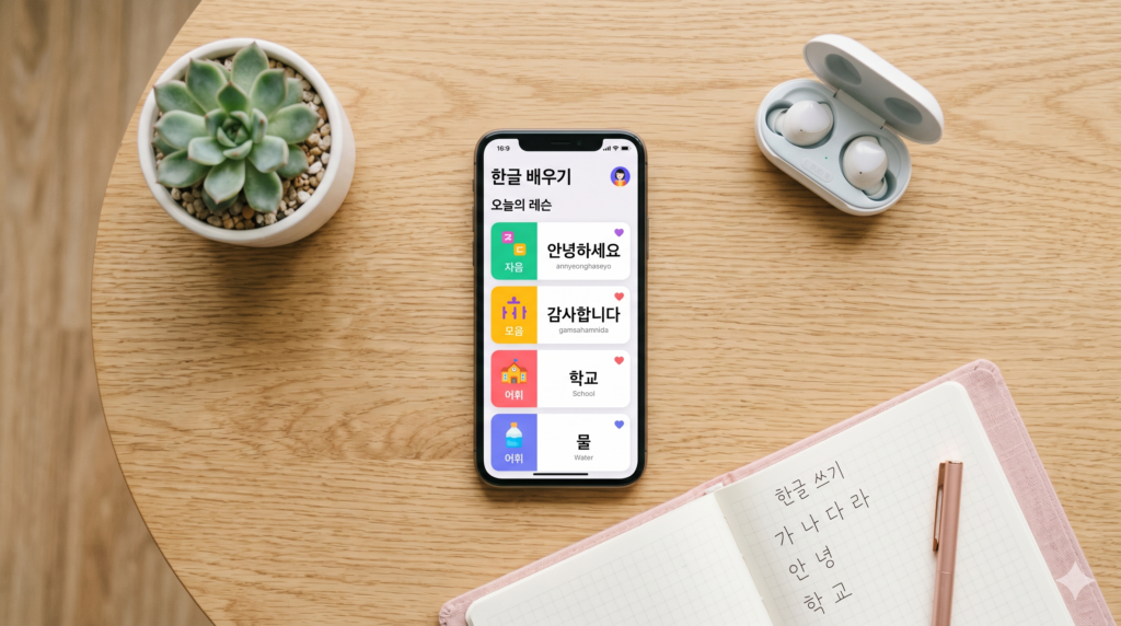 Smartphone displaying a colorful Korean language learning app with Hangul lessons next to a pink notebook with Korean handwriting practice and wireless earbuds on a wooden desk