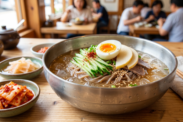 Bowl of Korean cold noodles naengmyeon topped with a halved boiled egg, julienned cucumber, sliced pear, and sesame seeds in icy broth, with kimchi side dishes on a wooden table