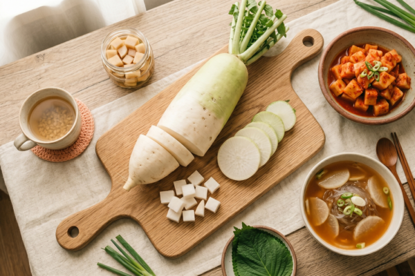 Korean radish (mu) sliced on a wooden cutting board with bowls of radish kimchi and radish soup