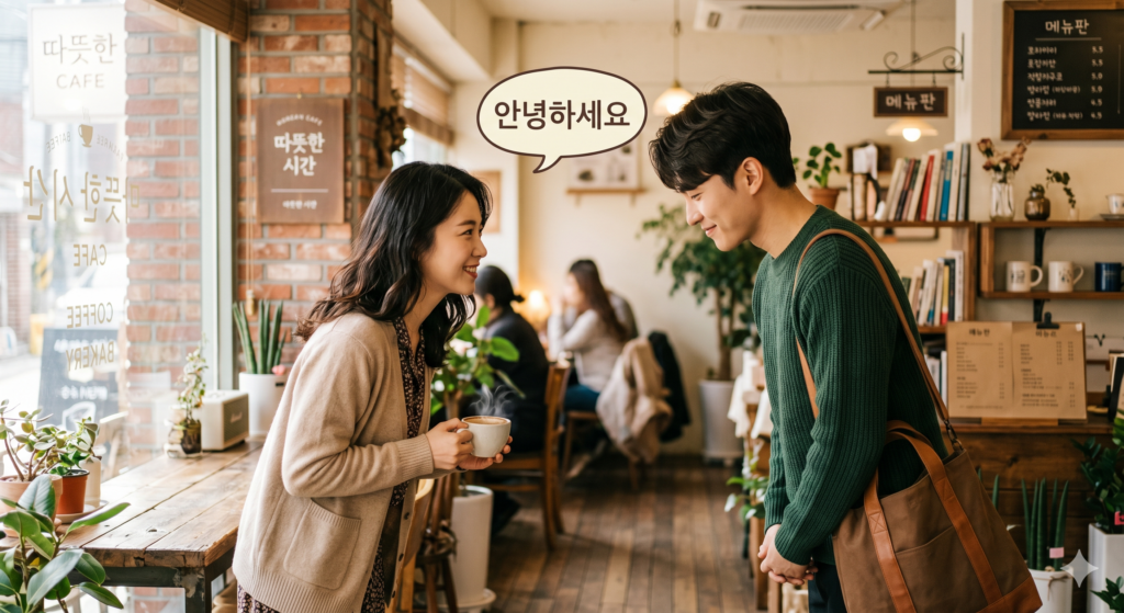 Two people bowing and greeting each other in a cozy Korean cafe with a speech bubble showing 안녕하세요