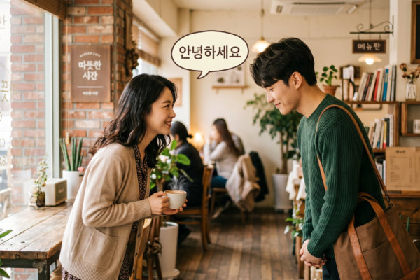 Two people bowing and greeting each other in a cozy Korean cafe with a speech bubble showing 안녕하세요