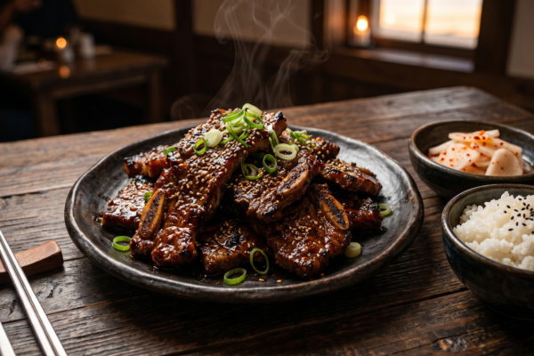 Glossy caramelized Korean galbi short ribs garnished with sesame seeds and green onions on a rustic ceramic plate, with steamed rice and pickled radish on a dark wooden table