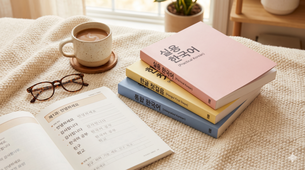 Stack of pastel-colored Korean language textbooks including Practical Korean, Hangul First Steps, and Integrated Korean, with one book open to a lesson page, reading glasses, and a cup of coffee on a cozy cream knit blanket