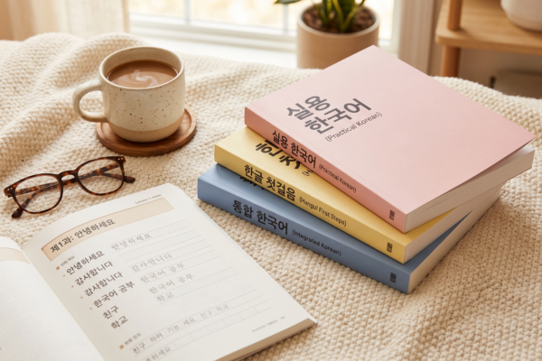 Stack of pastel-colored Korean language textbooks including Practical Korean, Hangul First Steps, and Integrated Korean, with one book open to a lesson page, reading glasses, and a cup of coffee on a cozy cream knit blanket
