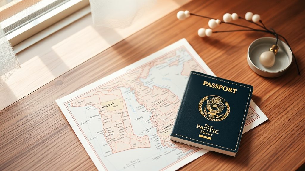 Travel documents and a US passport laid out on a table for a family road trip to Vancouver
